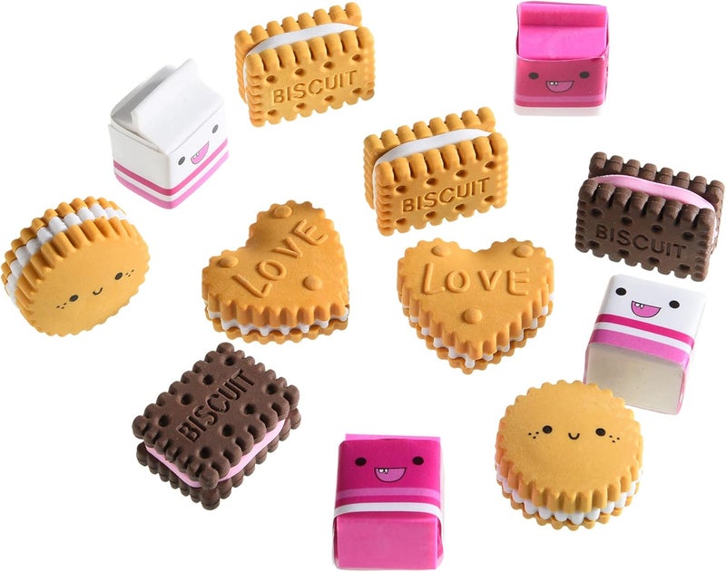 DOMG Cookie Erasers for Kids, 12 Pieces 3D Cute Food Puzzle Mini Biscuit Eraser, Cool Fun Take Apart Desk Pet Erasers for Girls - Image 1